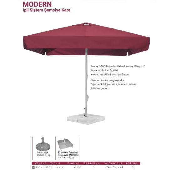 MODERN | İpli Sistem Kare Şemsiye 3x3