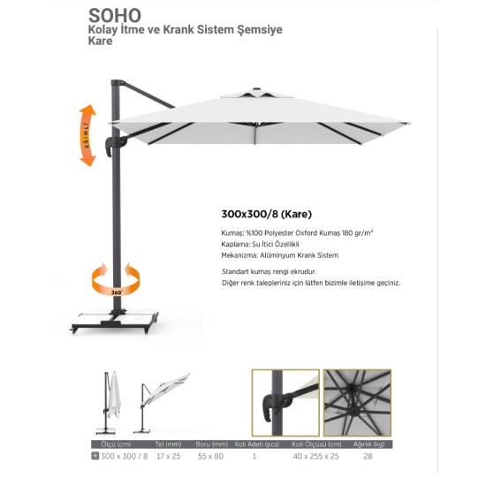 SOHO Kolay İtme ve Krank Sistem Şemsiye 3x3 Kare