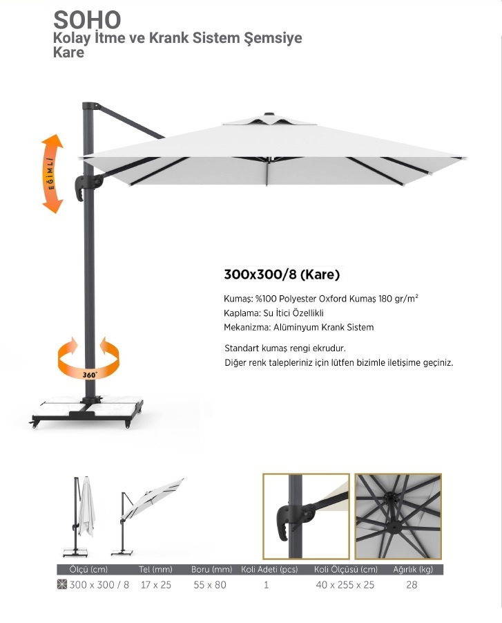 SOHO Kolay İtme ve Krank Sistem Şemsiye 3x3 Kare